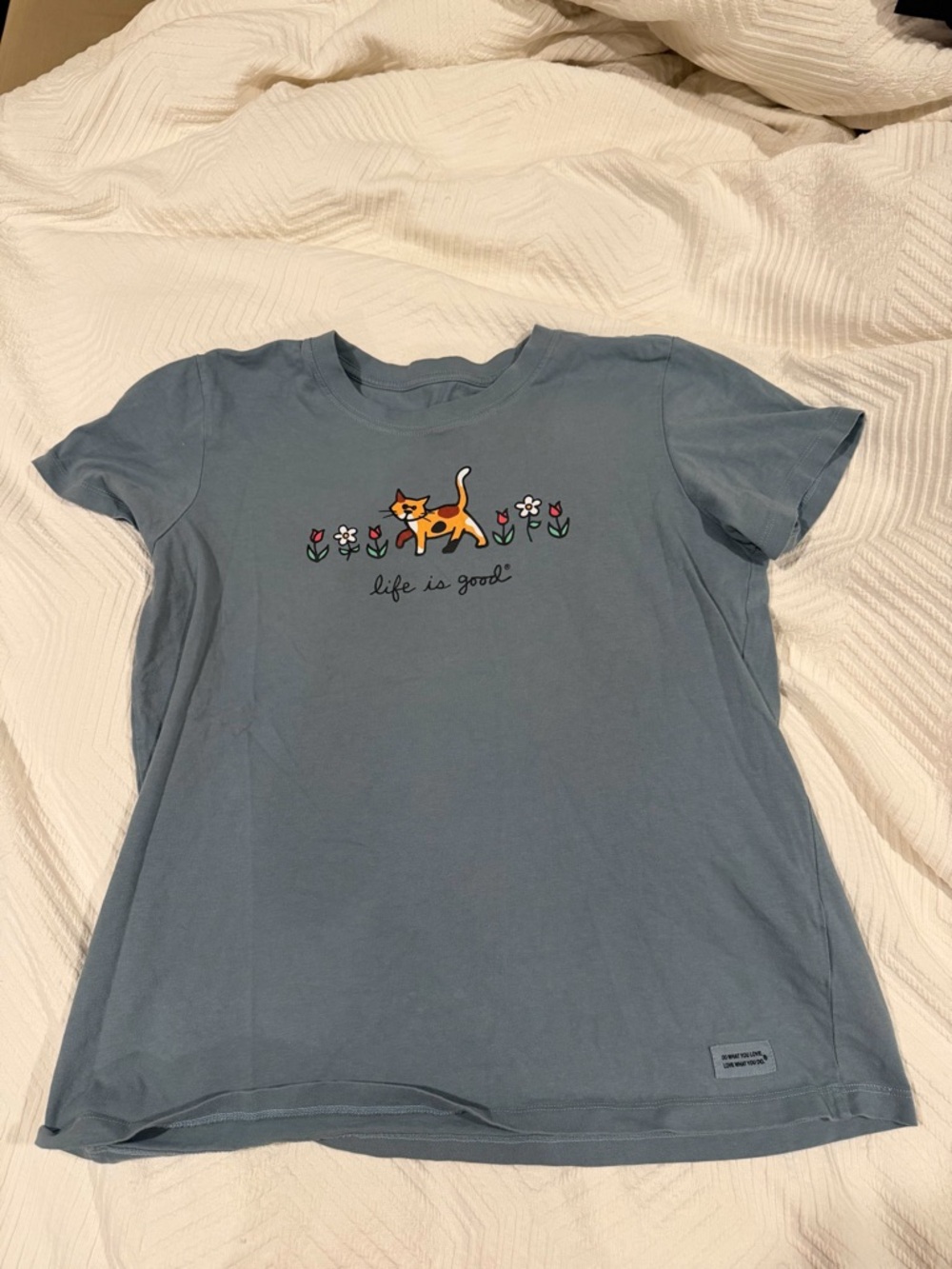 Life Is Good Blue Tee with Orange Cat and Floral Graphic